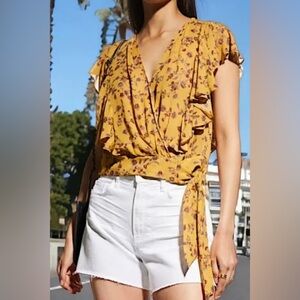 PAIGE Trista Yellow Floral Printed Silk Flutter Sleeve Surplice Blouse size XS